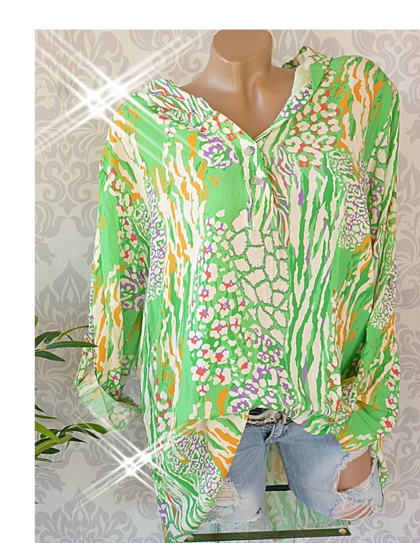 38 40 42 44 Bluse mit Muster Fischerhemd V Neck oversize Kapuze pink oder grün Vokuhila