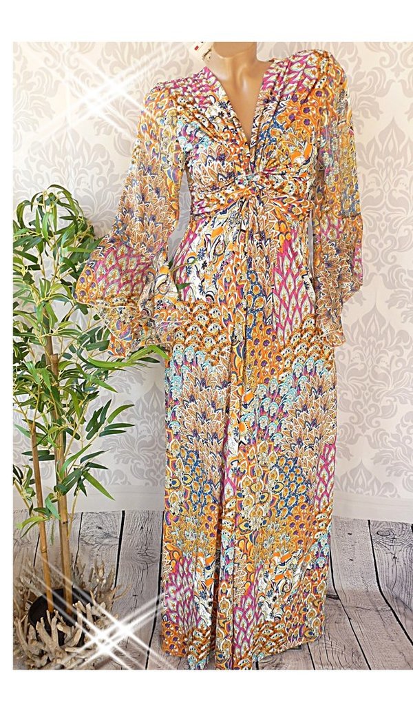 36 38  schönes  Maxikleid Kleid Muster  HIPPIE Ibiza hinten zum binden
