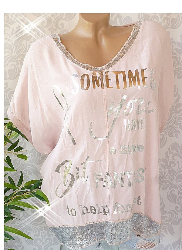 38 40 42 44 oversize Bluse Shirt Pailletten glitzer metallic Feinstrick viele Farben ROSA BEIGE GRAU