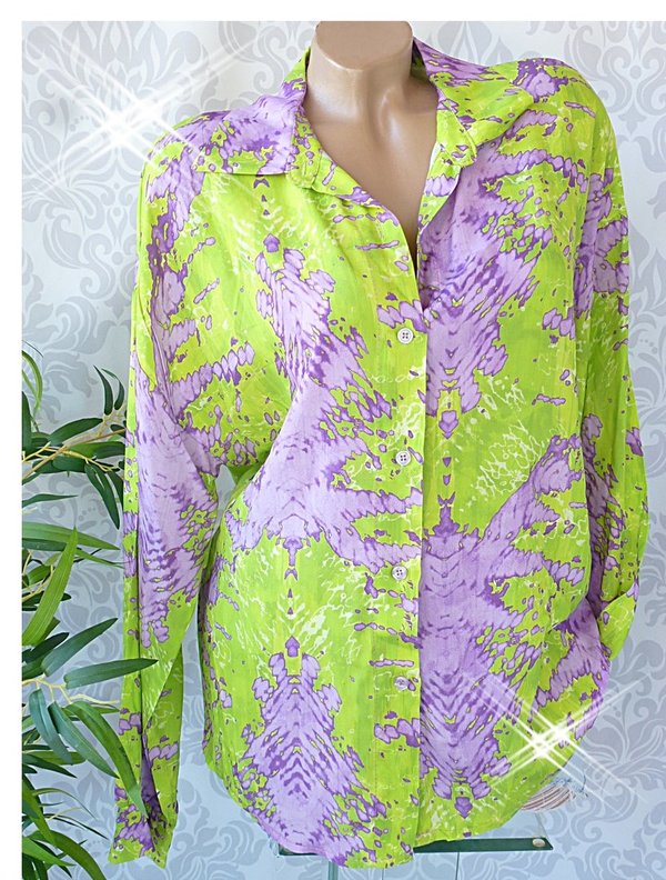 38 40 Bluse mit Muster Fischerhemd V Neck hinten länger grün LILA