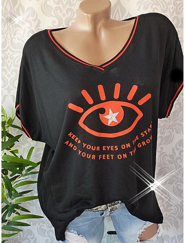 38 40 42 oversize Feinstrick Shirt Auge glitzer Stern Schrift weiss schwarz oder grün
