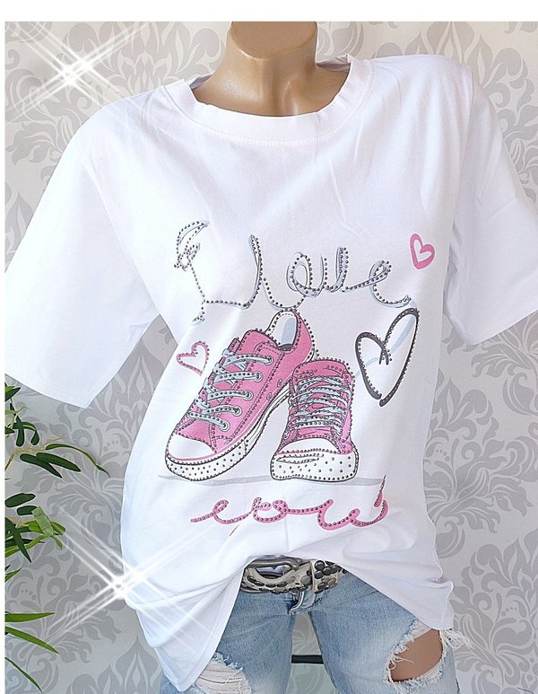 38 40 Shirt mit Print Baumwolle Motiv Love Sneaker Roller glitzer weiss
