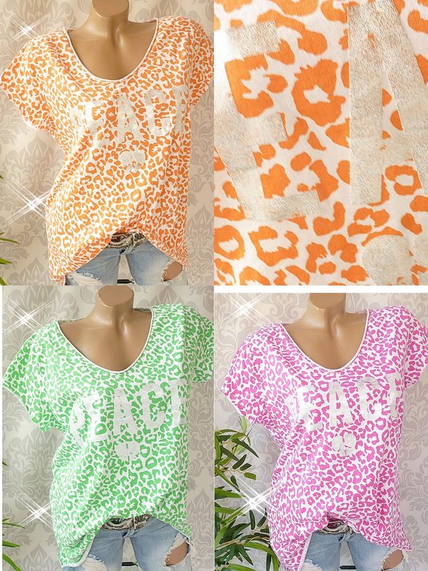 36 38 40 Shirt mit Leo Silber Peace Print Baumwolle orange grün oder pink