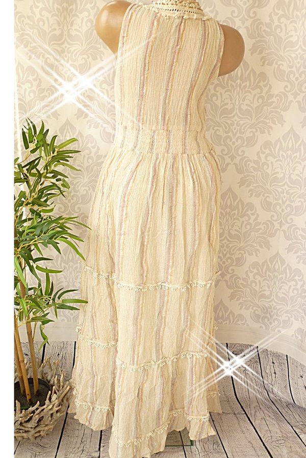 S M ODER ML Maxikleid Kleid unterlegt Ibiza Stickerei Perlen Spitze lurex fäden