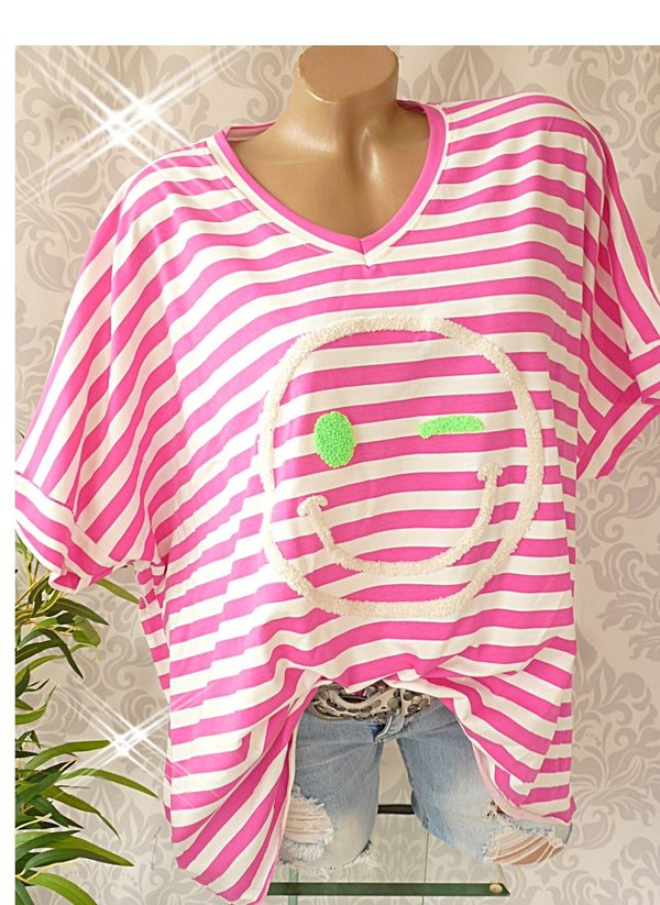 40 42 44 46 oversize Shirt Streifen gestreift comic smile pink oder grün