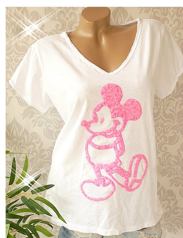 36 38 40 Shirt mit COMIC beflockt Baumwolle ITALY weiss mit pink