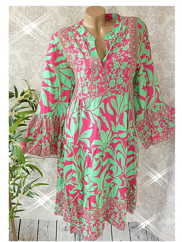 36 38 40 oversize Tunika Kleid Muster Hängerchen V Neck grün pink