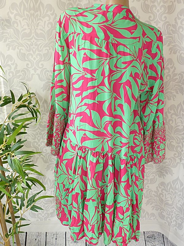 36 38 40 oversize Tunika Kleid Muster Hängerchen V Neck grün pink