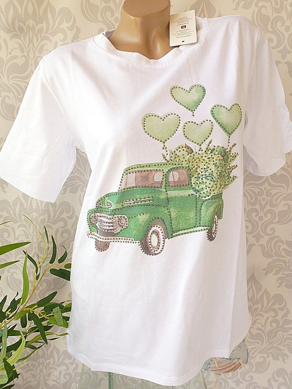 38 40 Shirt mit Print Baumwolle Motiv Auto Herzen glitzer weiss
