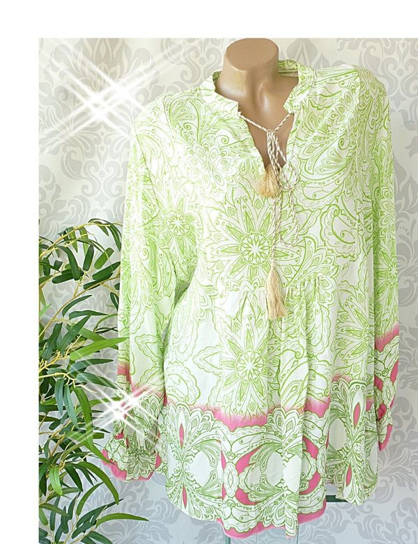 38 40 42 oversize Bluse Tunika mit Muster V Neck Quasten grün PAISLEY