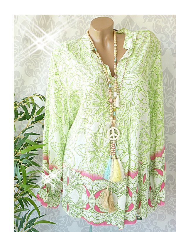 38 40 42 oversize Bluse Tunika mit Muster V Neck Quasten grün PAISLEY