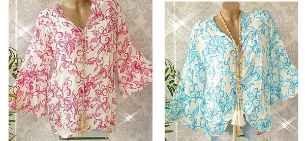 40 42 44 46 oversize Bluse Tunika mit Muster Ausschnitt zum binden