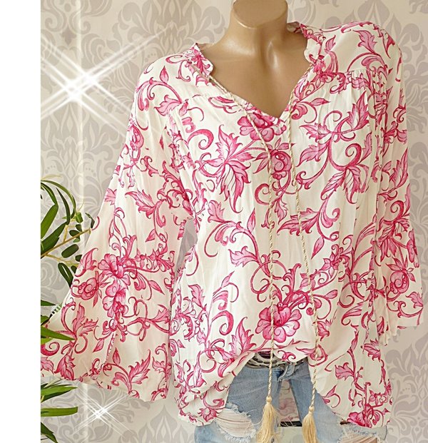 40 42 44 46 oversize Bluse Tunika mit Muster Ausschnitt zum binden