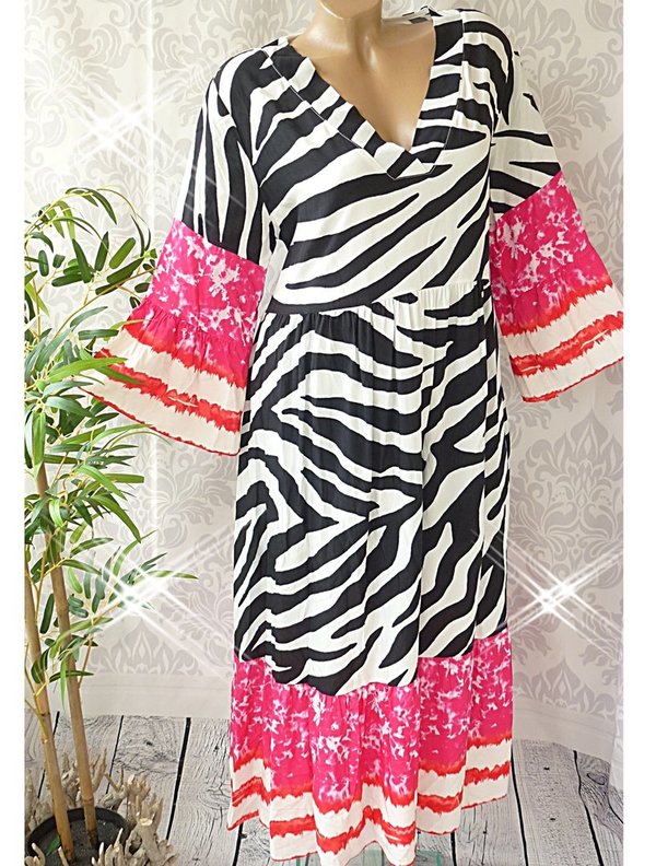 38 40 42 oversize Tunika Kleid Zebra Muster Hängerchen V Neck Maxikleid midi