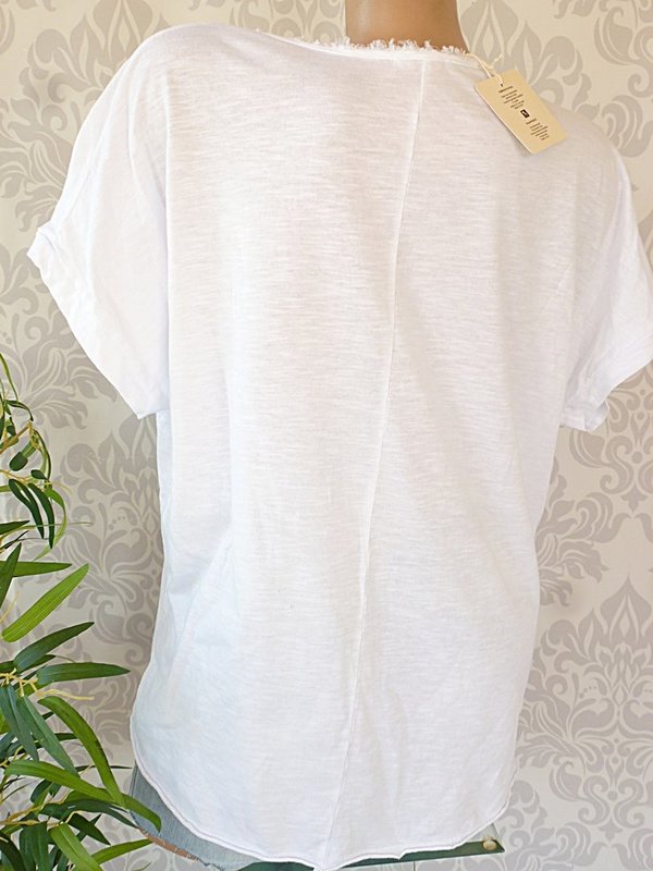 38 40 42 Shirt mit oohlala Schrift beflockt Baumwolle Ausschnitt ausgefranst