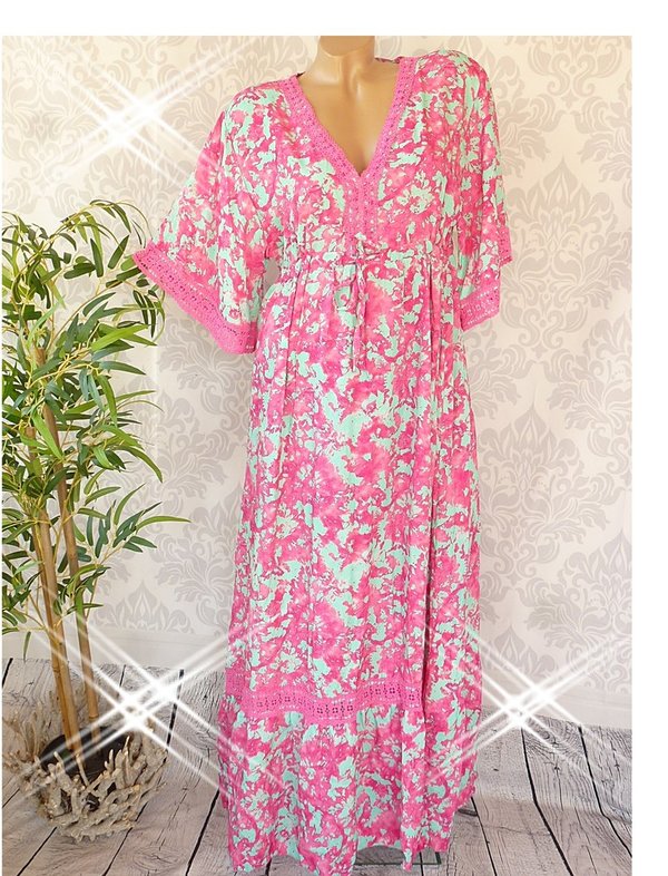 38 40  schönes oversize Maxikleid Kleid Muster HIPPIE Ibiza Häkel Spitze pink