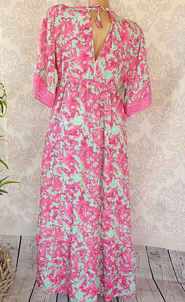 38 40  schönes oversize Maxikleid Kleid Muster HIPPIE Ibiza Häkel Spitze pink