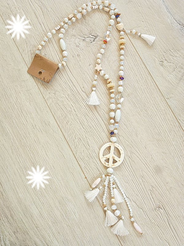 xl Kette Peace und Quasten Ibiza Hippie boho Perlen  65 cm