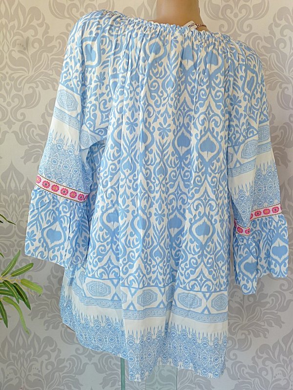 38 40 42 44 oversize Bluse Tunika mit Muster Ausschnitt zum binden STICKEREI BLAU ODER GRÜN