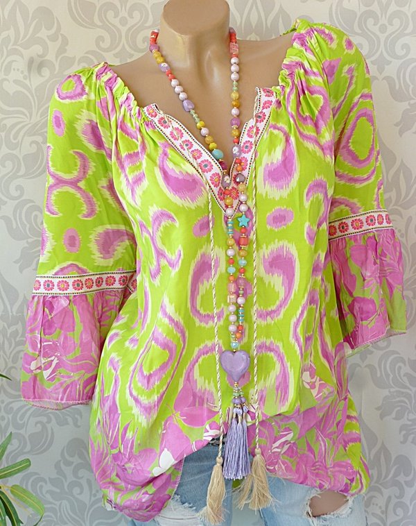 38 40 42 44 oversize Bluse Tunika mit Muster Ausschnitt zum binden STICKEREI Farbauswahl