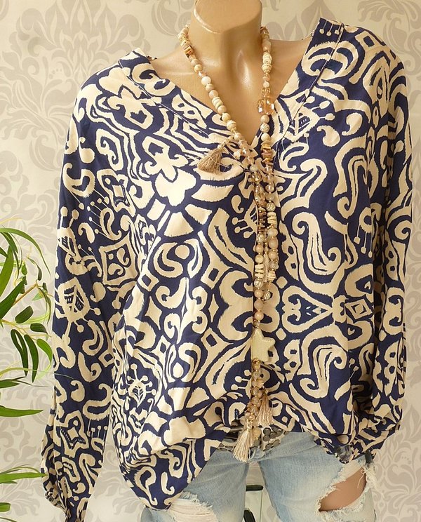 42 44 46 oversize Bluse mit Muster Fischerhemd V Neck Tunika blau gemustert