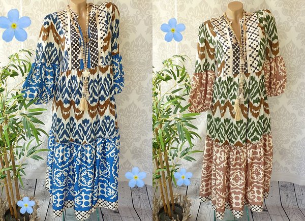 36 38 40 schönes oversize Maxikleid Kleid Muster HIPPIE Ibiza Ausschnitt binden