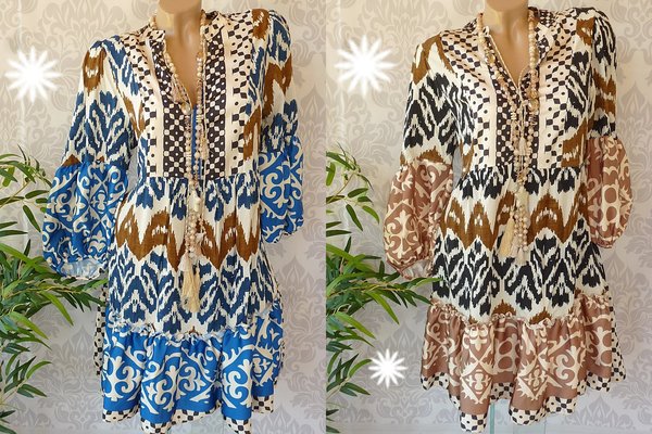 36 38 40 oversize Kleid Tunika Muster Ausschnitt zum binden neue Kollektion