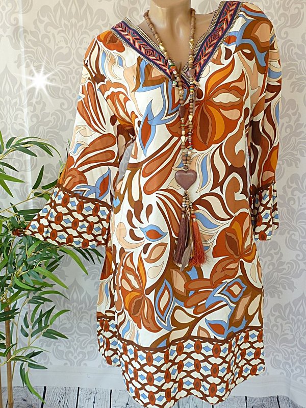 40 42 44 ? Kleid long Tunika Muster Hängerchen V- Neck retro Stickerei FARBAUSWAHL