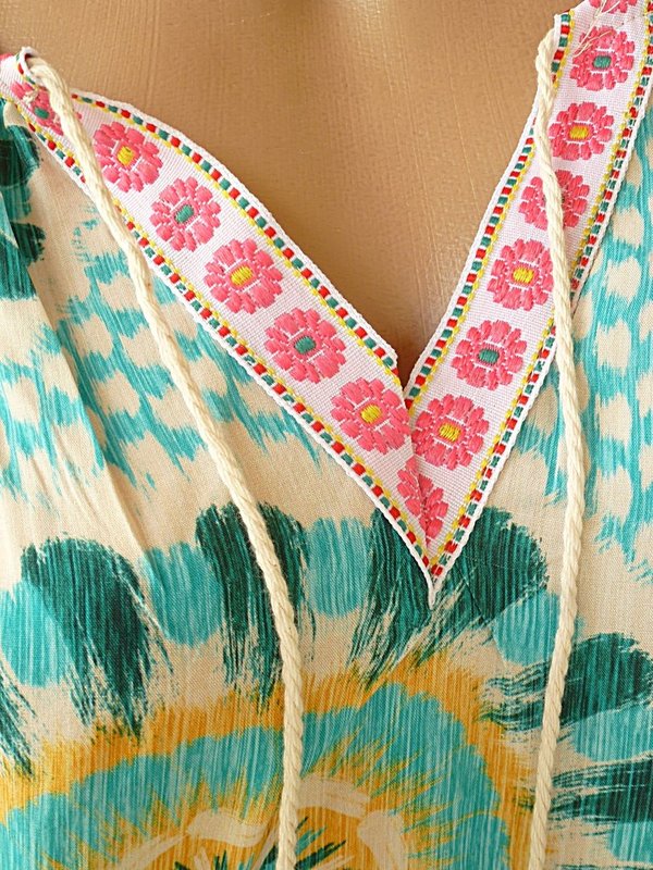 38 40 42 44 oversize Bluse Tunika mit Muster Ausschnitt zum binden STICKEREI BRAUN ODER TÜRKIS