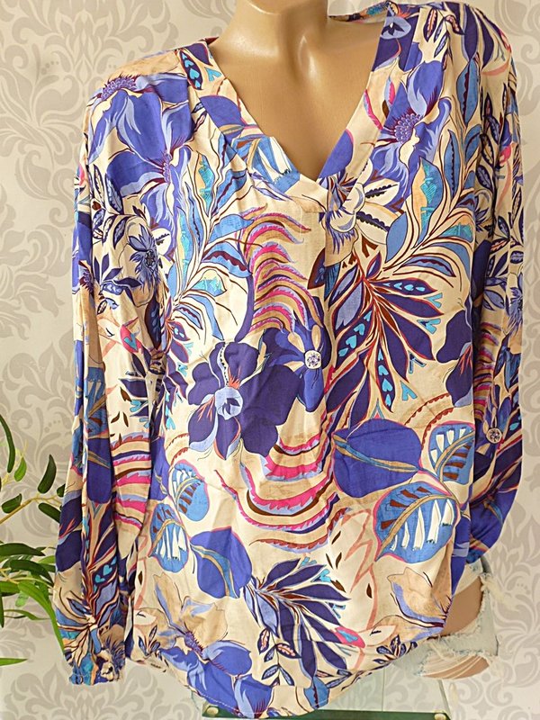 40 42 44 oversize Bluse mit Muster Fischerhemd V Neck Tunika blau Blumen