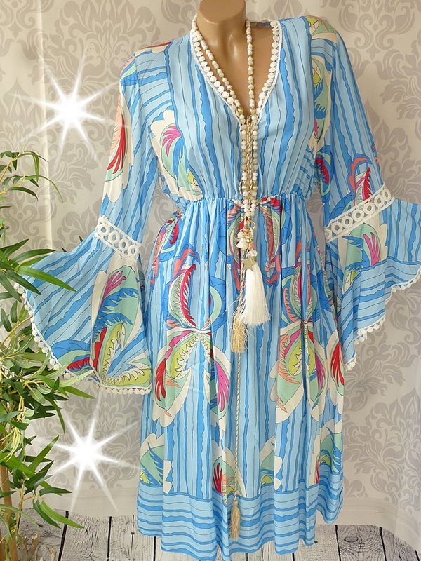 38 40 42 schöne long Tunika Kleid mit Muster Stickerei Volantärmel blau