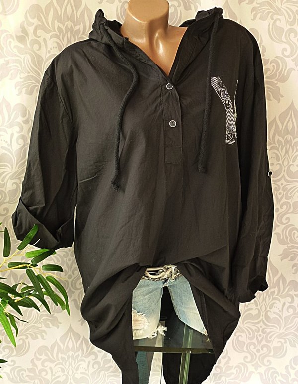 40 42 44 oversize long Pullover Bluse Kapuze glitzer Zeichen hinten länger beige oder schwarz