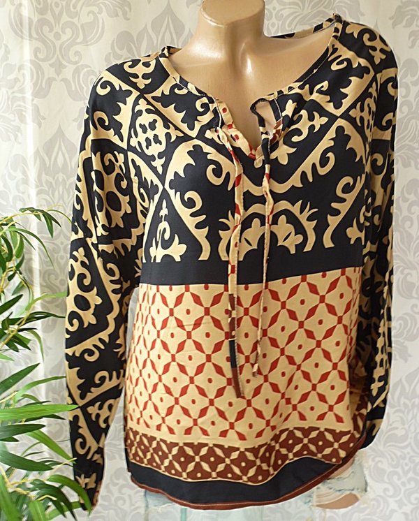 40 42 44 oversize Bluse Tunika V Neck zum binden Muster khaki camel oder schwarz