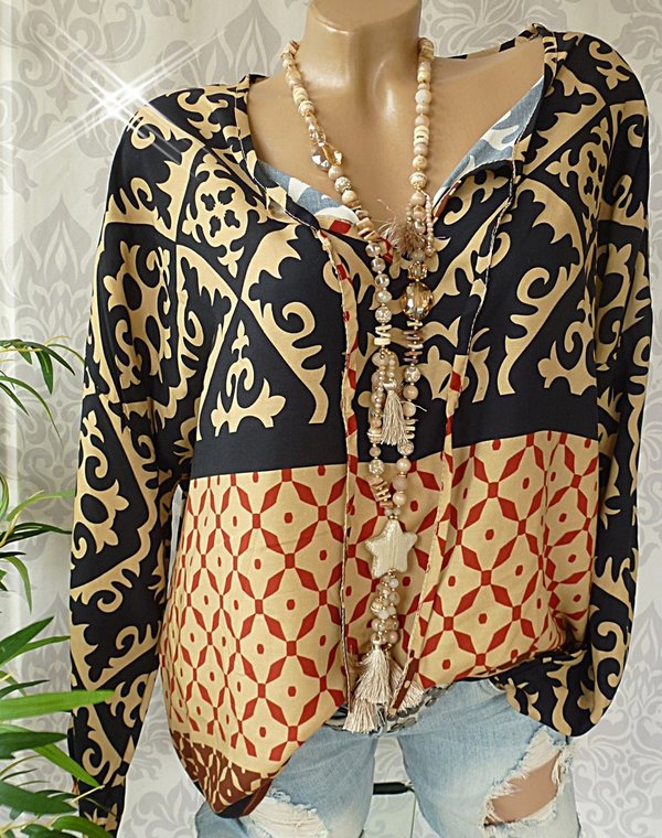 40 42 44 oversize Bluse Tunika V Neck zum binden Muster khaki camel oder schwarz