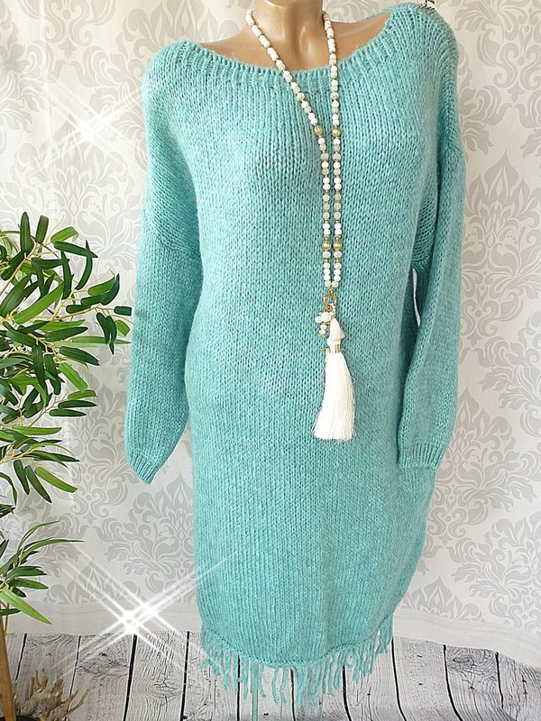 40/42 42 44 46 schöner oversize long Pullover Strickkleid Kleid unten Fransen in 3 Farben
