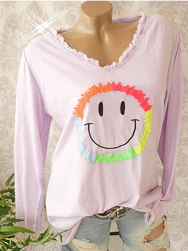 36 38 40 schönes Shirt V- Neck ausgefranst Smile neon Stickerei flieder lila