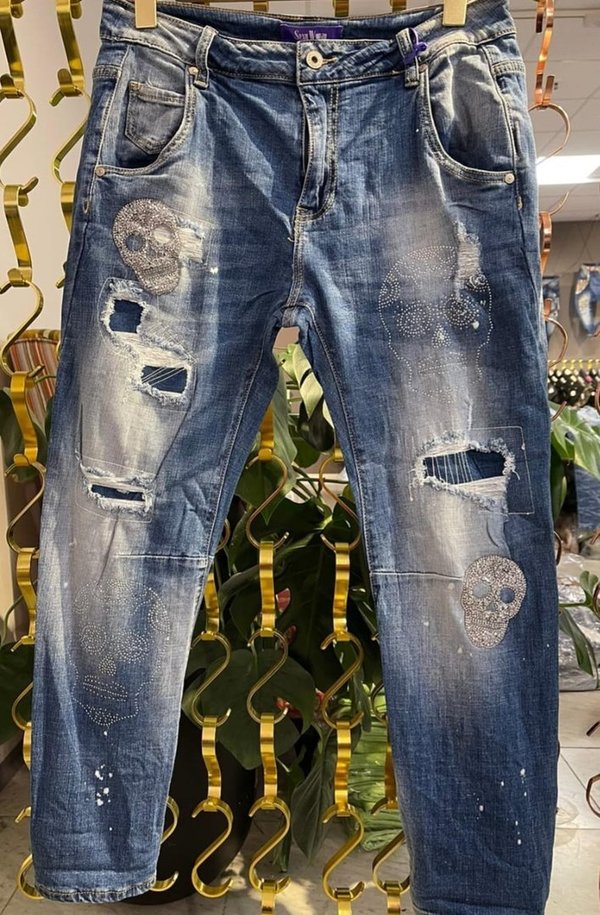 S M L XL coole Jeans mit glitzer Skull  destroyed neue Kollektion