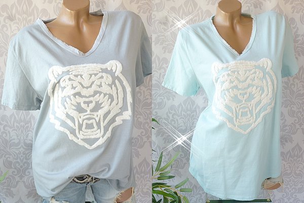 36 38 40 schönes Shirt V- Neck Tiger beflockt Baumwolle grau oder mint