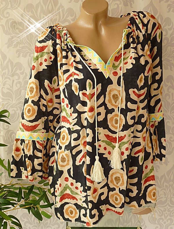 38 40 42 44 oversize Bluse Tunika mit Muster Ausschnitt zum binden STICKEREI