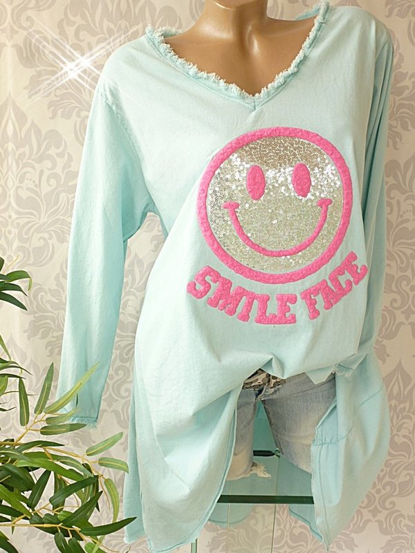 38 40 42 44 oversize  Shirt Pullover Vokuhila Pailletten SMILE FACE