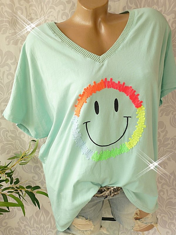 38 40 42 44 schönes Shirt V- Neck Smile neon Stickerei