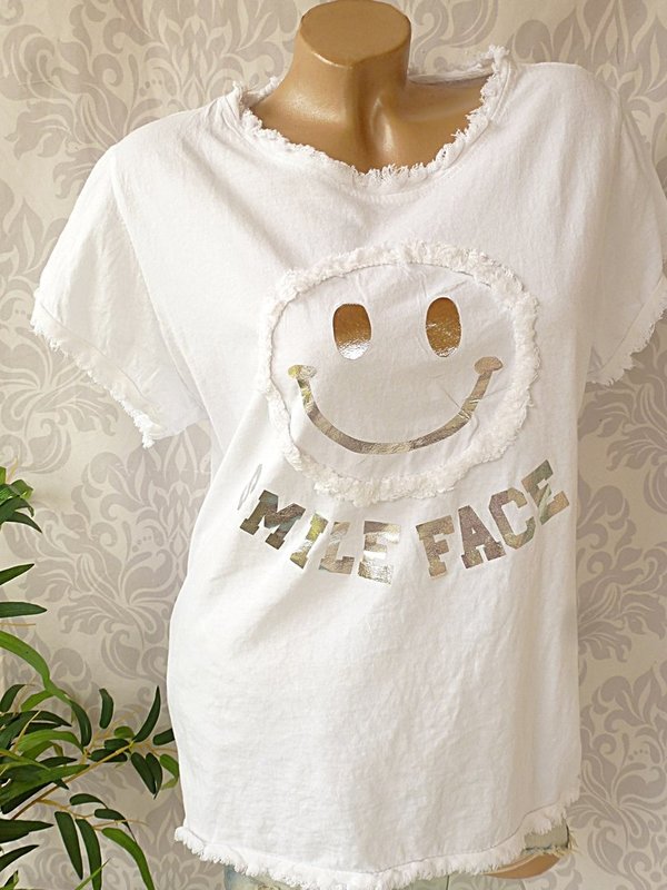 38 40 40/42 schönes Shirt Kanten ausgefranst Smile face METALLIC